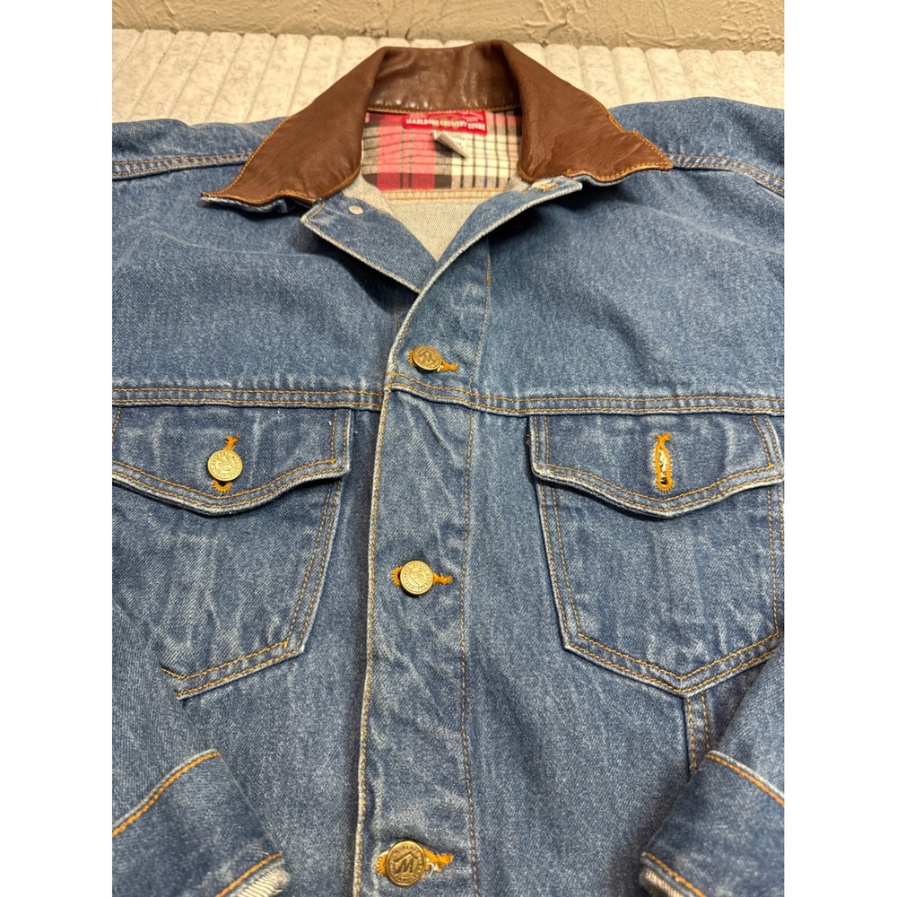 Vintage Marlboro Country Store Denim Jacket Leather Collar Plaid Lined MCS 257 M